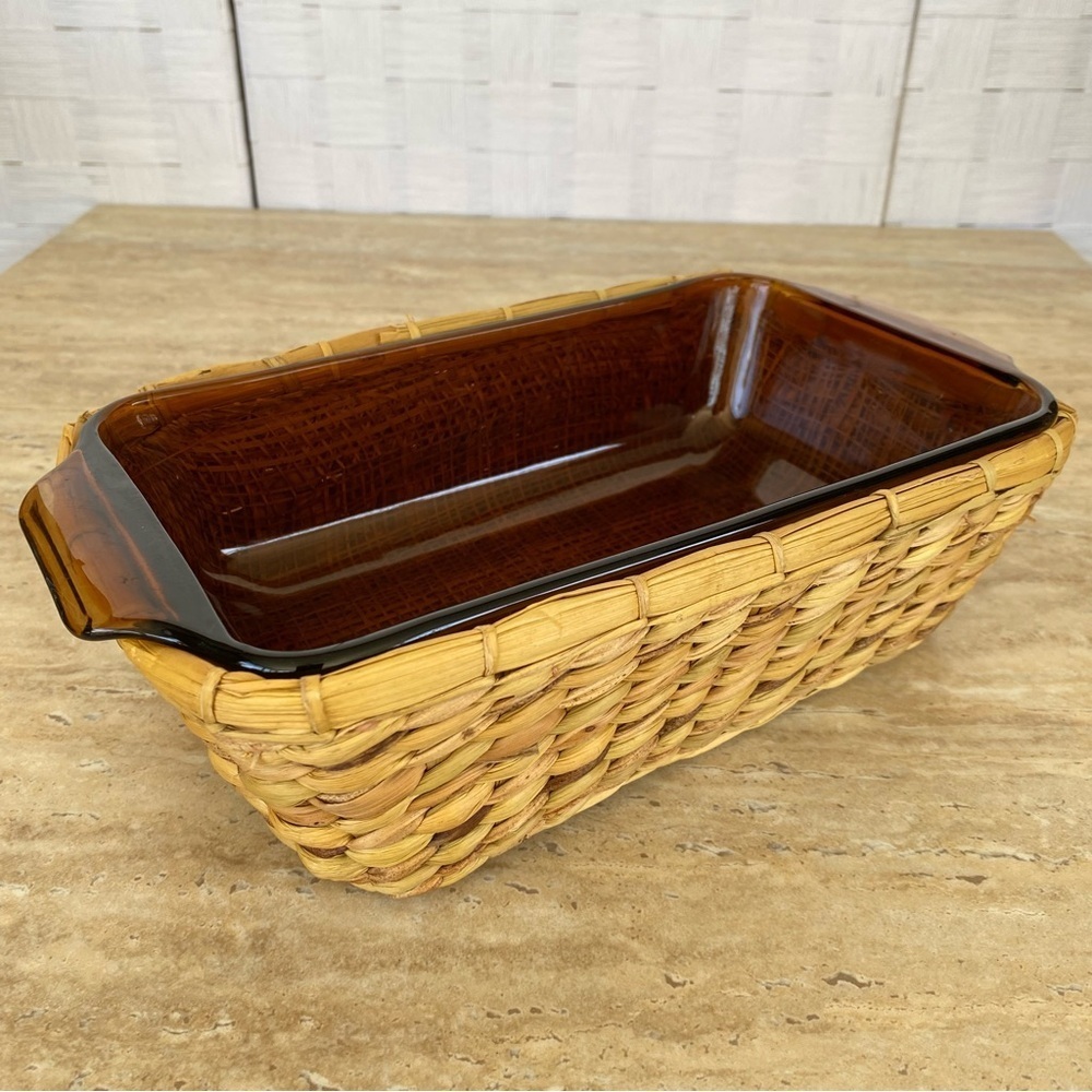 Vintage Anchor Hocking Amber Glass 1 qt. Loaf Pan # 441‎ With Serving Basket